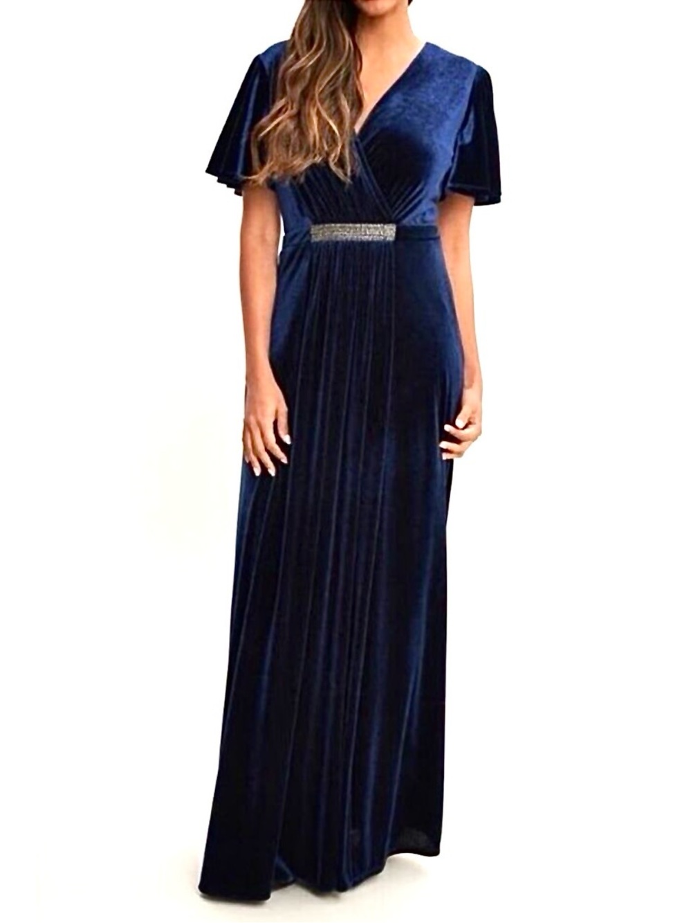 Ignite Evenings Navy Velvet Formal Gown with Beaded Accent Waist Size 16 NWOT